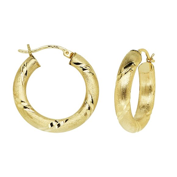 Satin Finish Diamond Cut Hoop Earrings 14K Yellow Gold - Picture 1 of 4